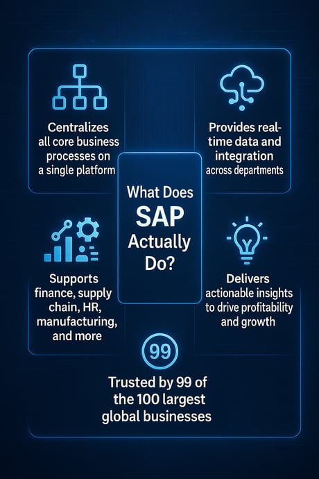 A blue-toned infographic with icons visually breaking down what SAP does for large businesses, covering process integration, real-time data, and cross-department collaboration.