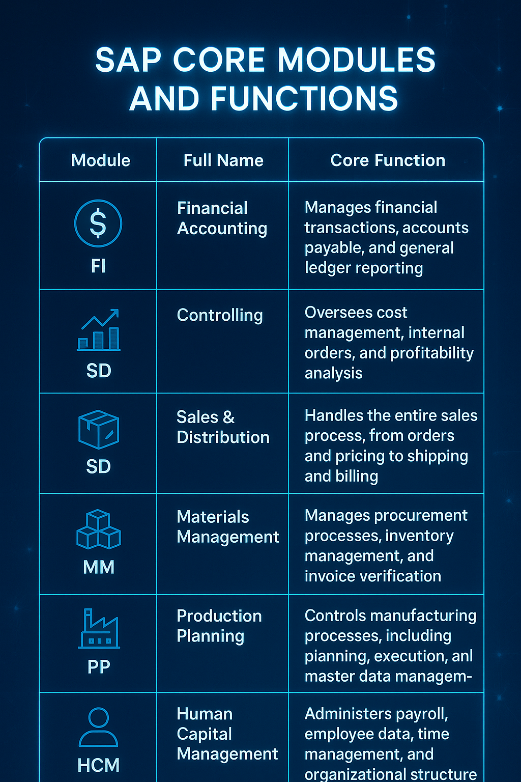 Modern SAP modules table visual showing abbreviations, full names, and core business functions.