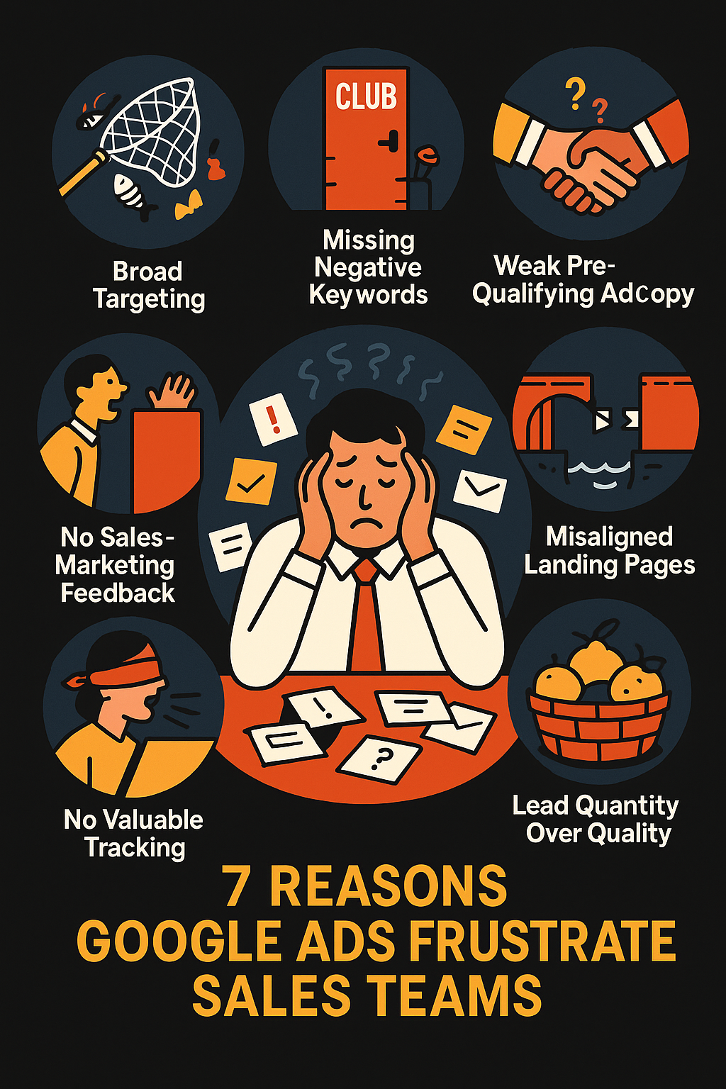 Infographic showing seven main reasons Google Ads campaigns produce poor leads for sales teams, including broad targeting, lack of negative keywords, unqualified ad copy, misaligned landing pages, chasing volume over quality, poor tracking, and weak sales-marketing communication.