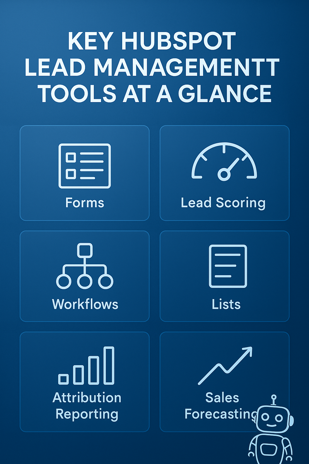 High-tech blue icon grid titled Key HubSpot Lead Management Tools at a Glance, showing forms, lead scoring, workflows, lists, attribution reporting, and sales forecasting as core tools for lead management in HubSpot, with a small friendly robot acting as a guide.