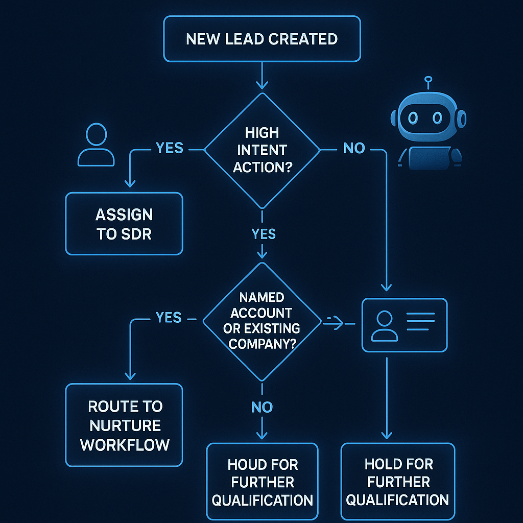 High-tech blue decision flowchart titled When to Assign a Lead Owner in HubSpot, showing how new leads are evaluated on intent, fit, and account status to route them to SDRs, account owners, or nurture workflows as part of lead management in HubSpot, with a small robot indicating automated assignment.