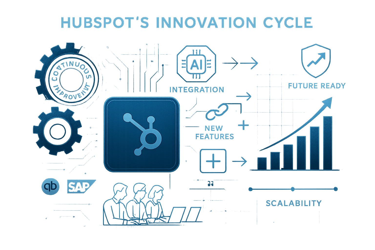 Infographic illustrating HubSpot’s innovation at scale: blue, high-tech gears for continuous improvement, icons for AI and integrations, a central HubSpot platform, rising growth chart, “future-ready” shield, and logos for Quickbooks and SAP, demonstrating ongoing feature upgrades and scalable business impact.