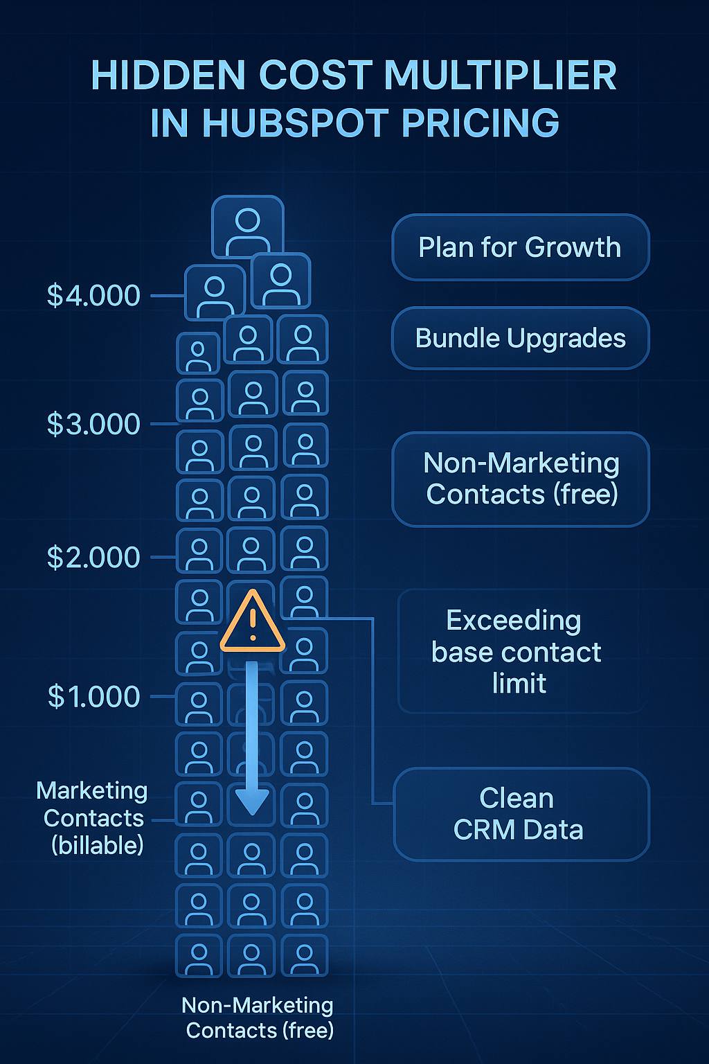 Infographic illustrating a stack of contacts with pricing brackets, highlighting the cost difference between marketing and non-marketing contacts in HubSpot. A warning icon marks the point where the base contact limit is exceeded, with callouts for “Plan for Growth,” “Bundle Upgrades,” and “Clean CRM Data.” Features blue, high-tech branding.