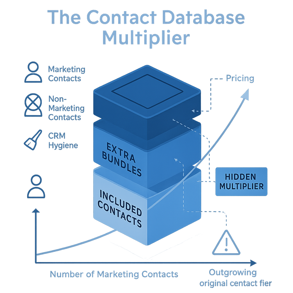 Infographic with a blue, high-tech stack labeled “Included Contacts” and “Extra Bundles,” a rising pricing curve as contact numbers increase, icons for marketing contacts, non-marketing contacts, and CRM hygiene, plus a “Hidden Multiplier” callout and warning arrow highlighting cost risk as you exceed your original tier.