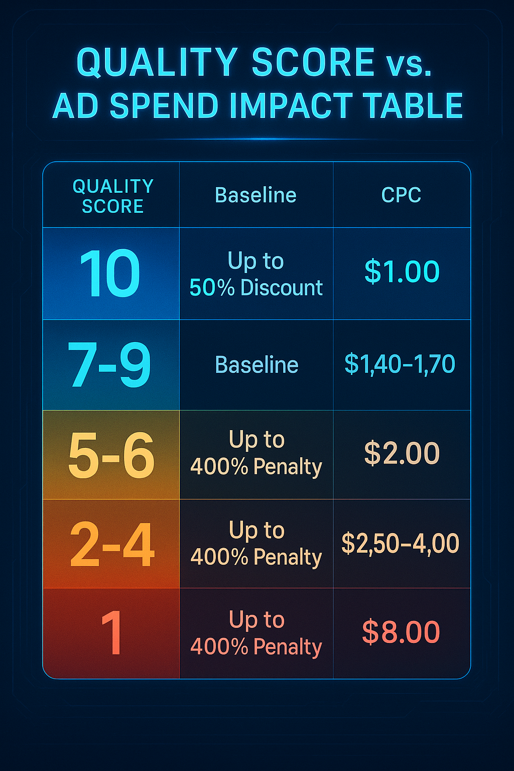 Alt text: Infographic showing how Google Ads Quality Score impacts cost-per-click, with discount and penalty levels across score ranges.