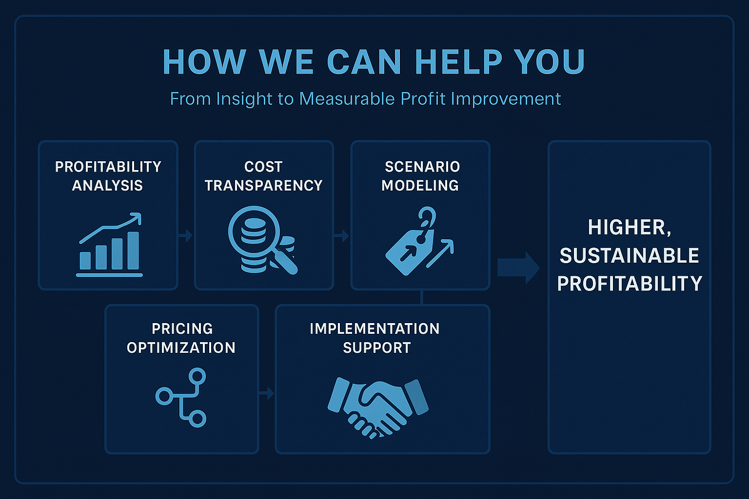 How we help you improve profitability, showing key consulting services like profitability analysis, cost transparency, pricing optimization, and implementation support leading to higher sustainable profit.