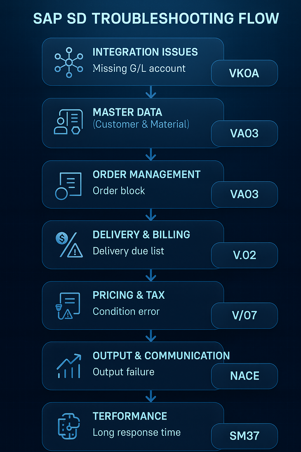 Infographic depicts a cascading SAP SD troubleshooting flow: Integration Issues (missing G/L account, VKOA), Master Data (customer and material, VA03), Order Management (order block, VA03), Delivery & Billing (delivery due list, V.02), Pricing & Tax (condition error, V/07), Output & Communication (output failure, NACE), Performance (long response time, SM37)—emphasizing typical symptoms and core transaction codes.