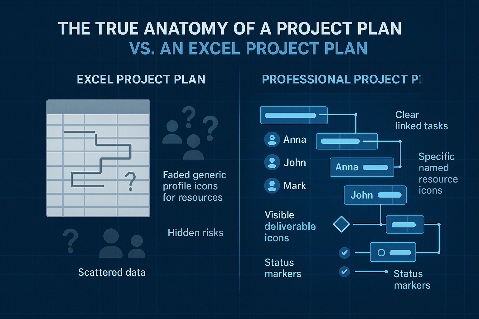 Comparison graphic showing limitations of Excel-based project plans versus the benefits of a professional project planning tool with clear resource names, linked tasks, and visible deliverable tracking.