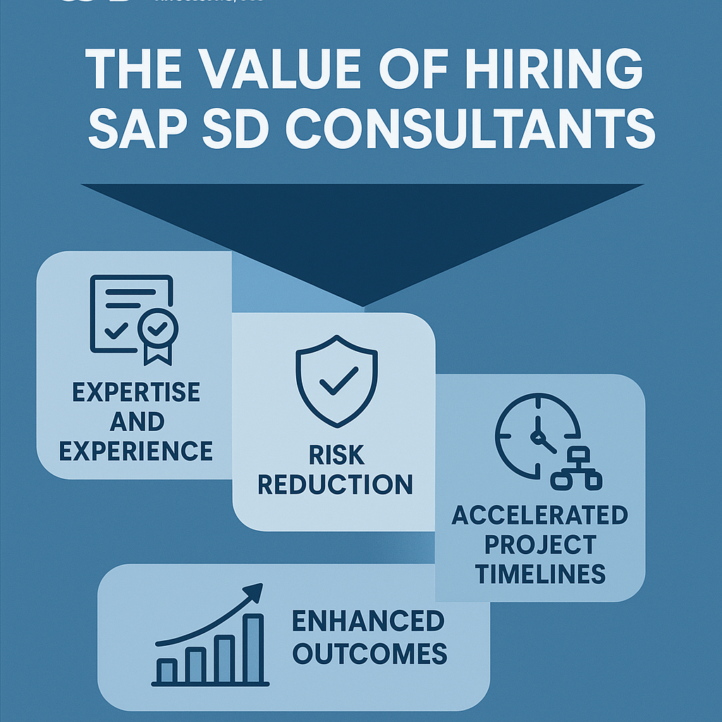Infographic showing the value of hiring an SAP SD consultant, with a horizontal cascade of key benefits: expertise, risk reduction, faster timelines, and better outcomes.