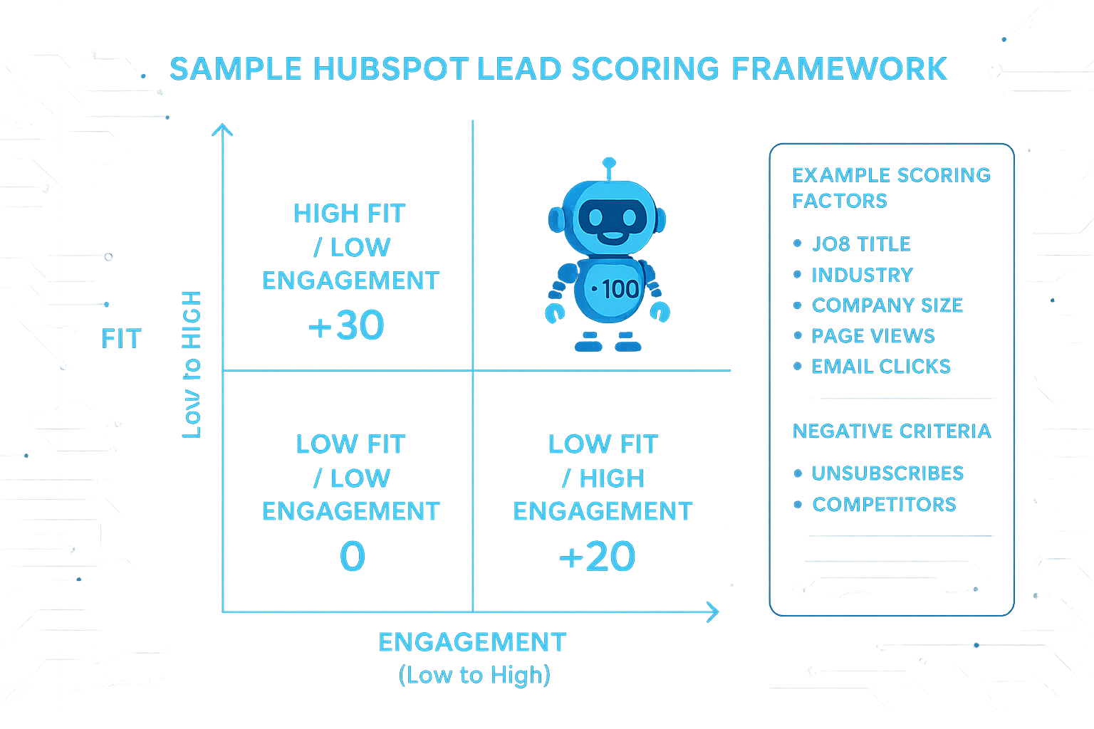 High-tech blue 2x2 matrix titled Sample HubSpot Lead Scoring Framework, showing lead fit versus engagement with example point ranges and factors like job title, industry, page views, email clicks, and negative criteria, plus a friendly robot highlighting sales-ready leads as part of lead management in HubSpot.