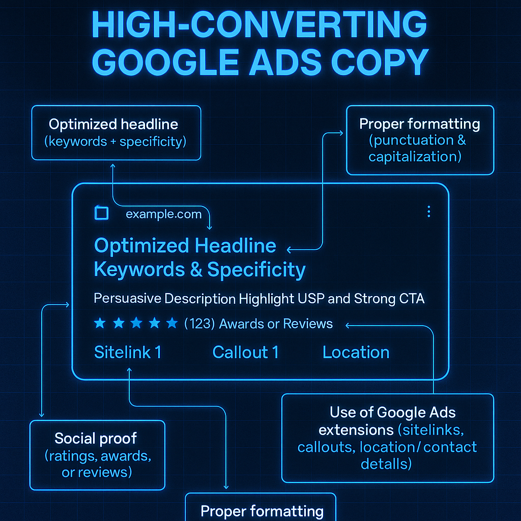 Diagram of a Google Search Ad with labeled parts showing high-converting headline, persuasive description, extensions, specific offers, and social proof using a high-tech blue design.