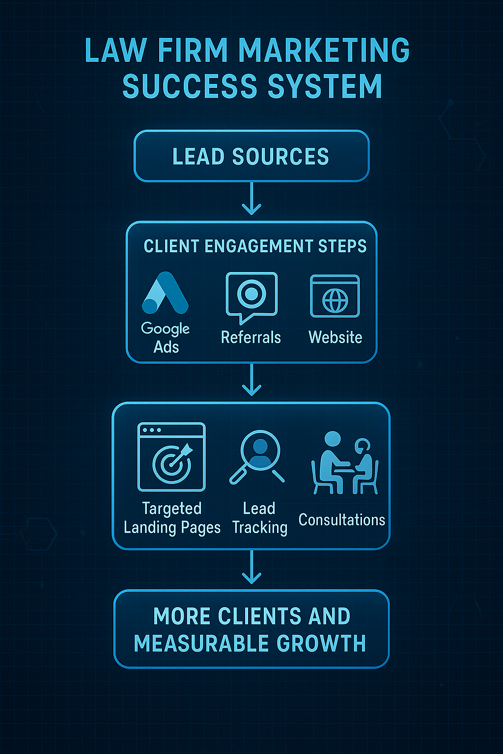 Infographic illustrating the step-by-step system for successful law firm marketing, showing lead sources, client engagement steps, and resulting in more clients and measurable growth.