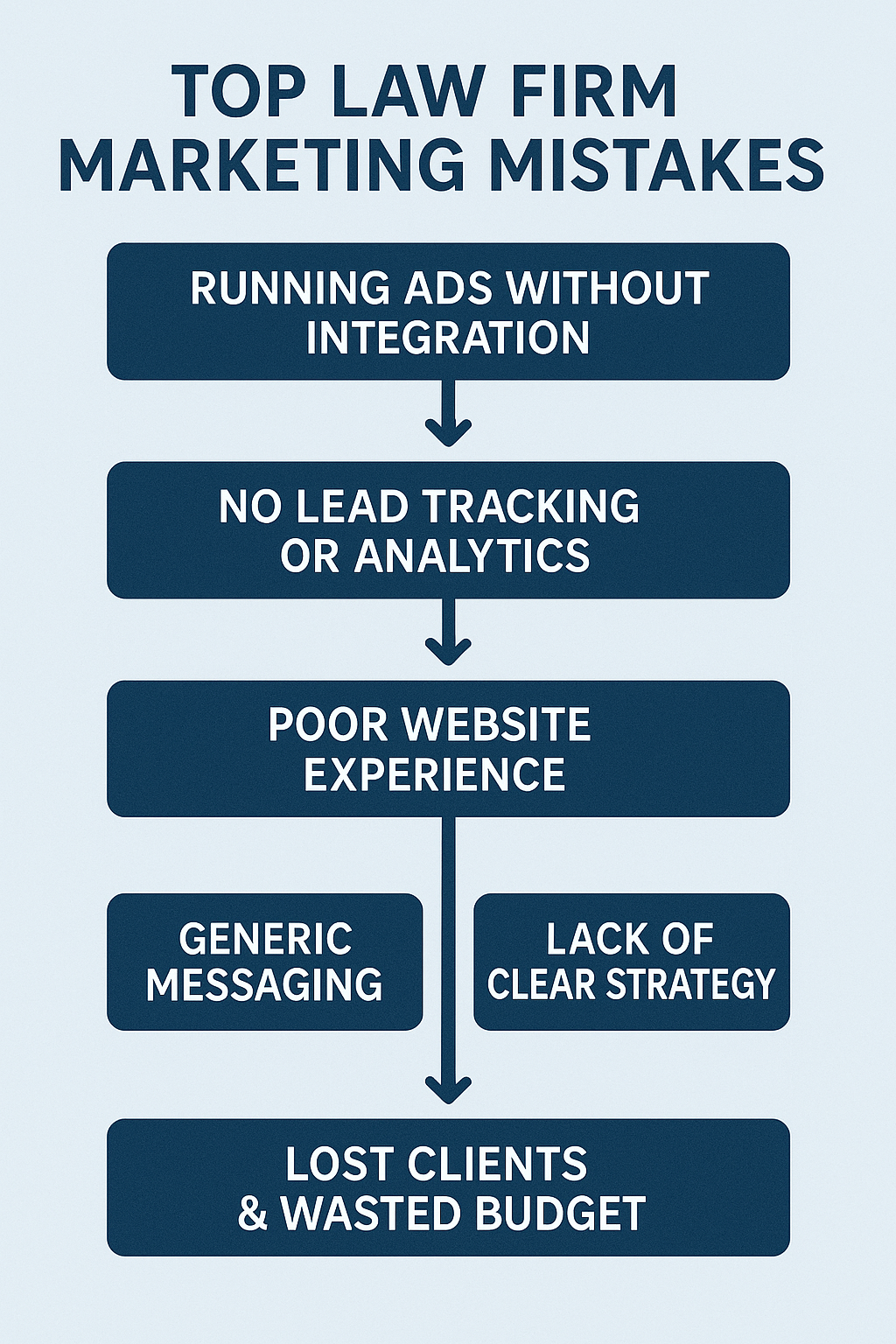 Visual showing a cascading flow of common law firm marketing mistakes and how they lead to lost clients and wasted budget.