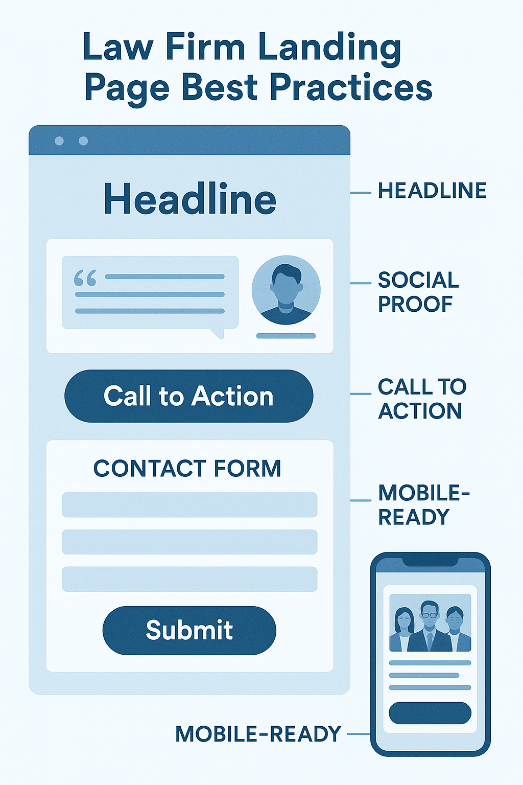 Infographic of a high-converting law firm landing page layout, highlighting headline, social proof, clear call-to-action, simple contact form, and mobile optimization.