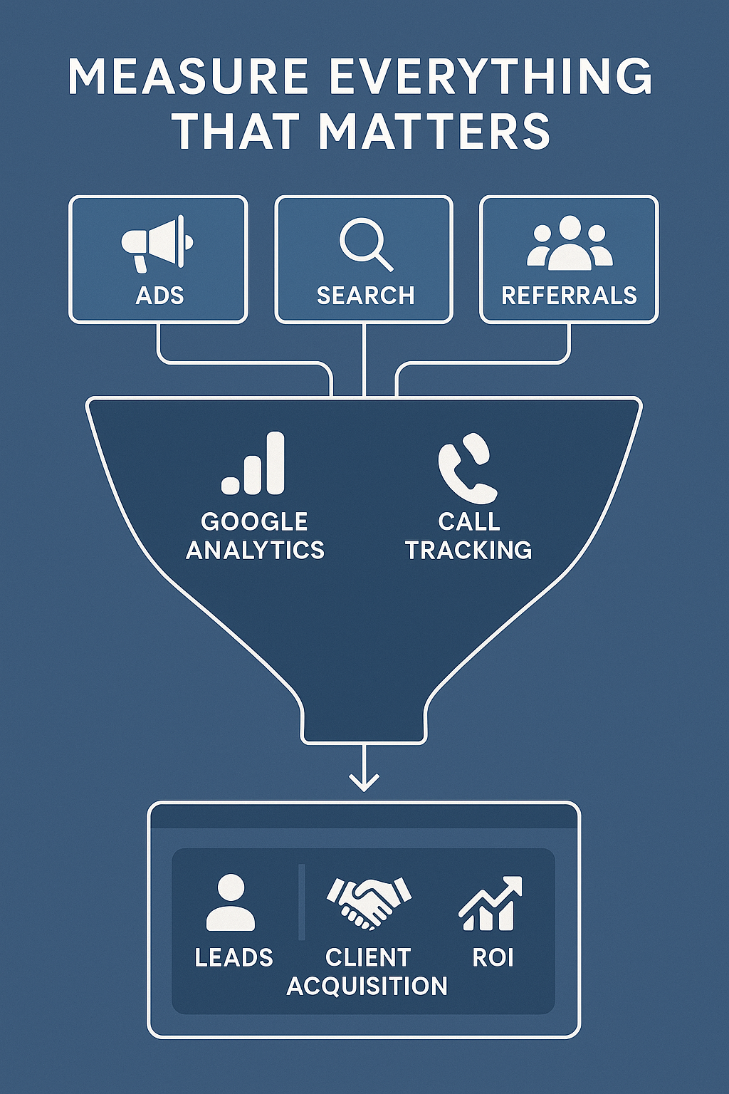 Infographic demonstrating marketing measurement tools and dashboards for law firms, including analytics and call tracking process.