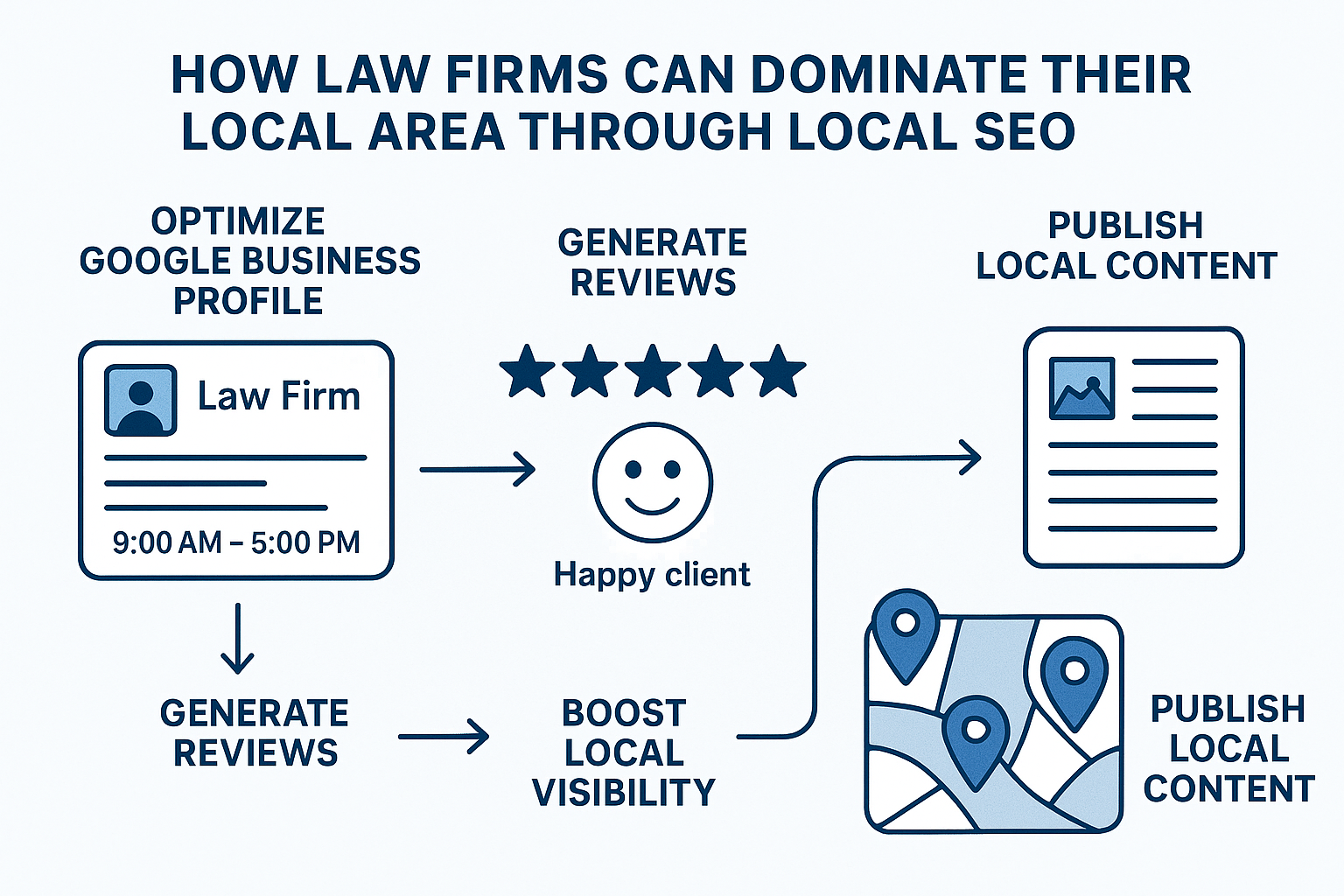 Infographic showing how law firms can dominate local SEO by optimizing their Google Business Profile, generating client reviews, and publishing community content. Includes icons for business profiles, reviews, happy clients, and location pins.