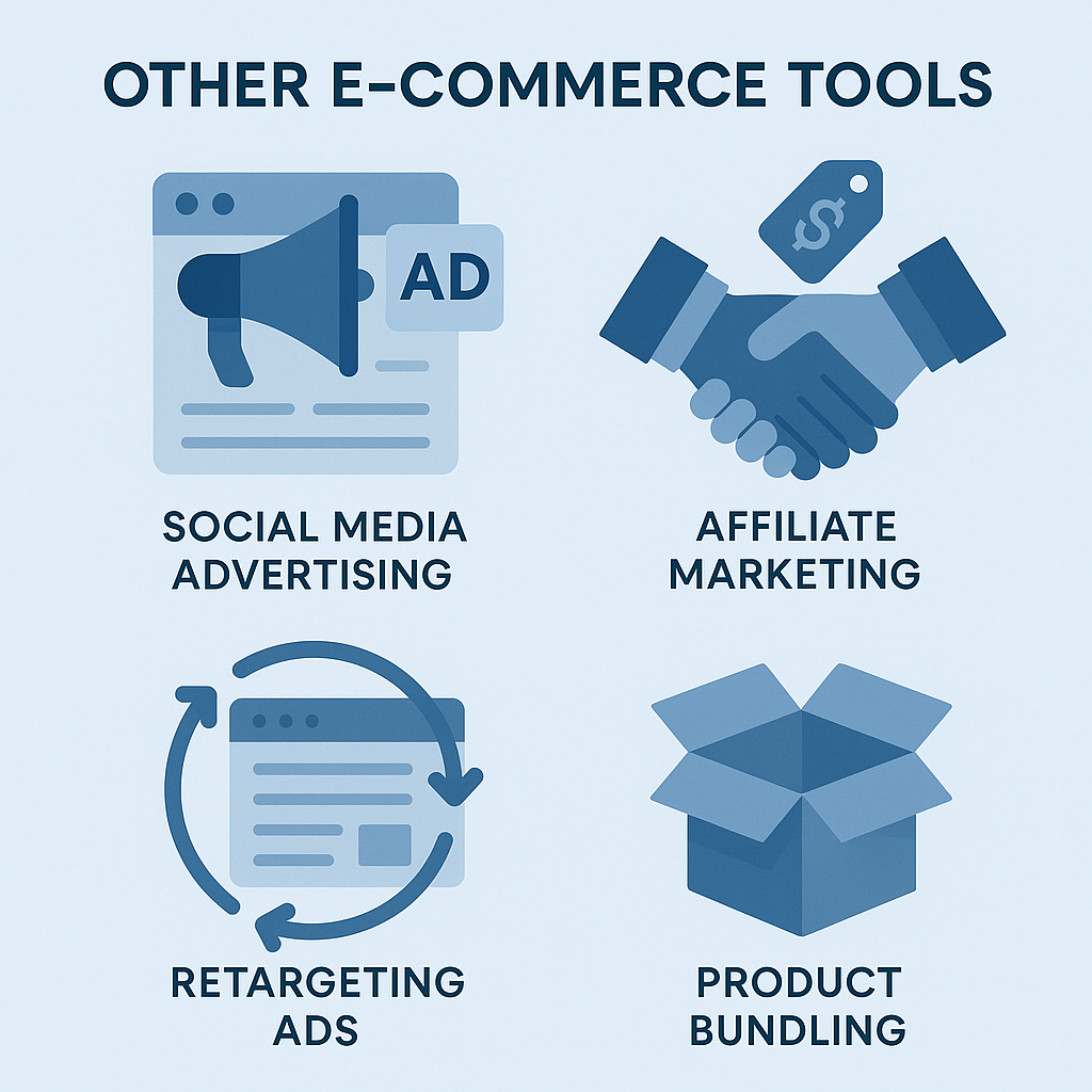 Infographic showing icons for four e-commerce tools: Social Media Advertising, Affiliate Marketing, Retargeting Ads, and Product Bundling.