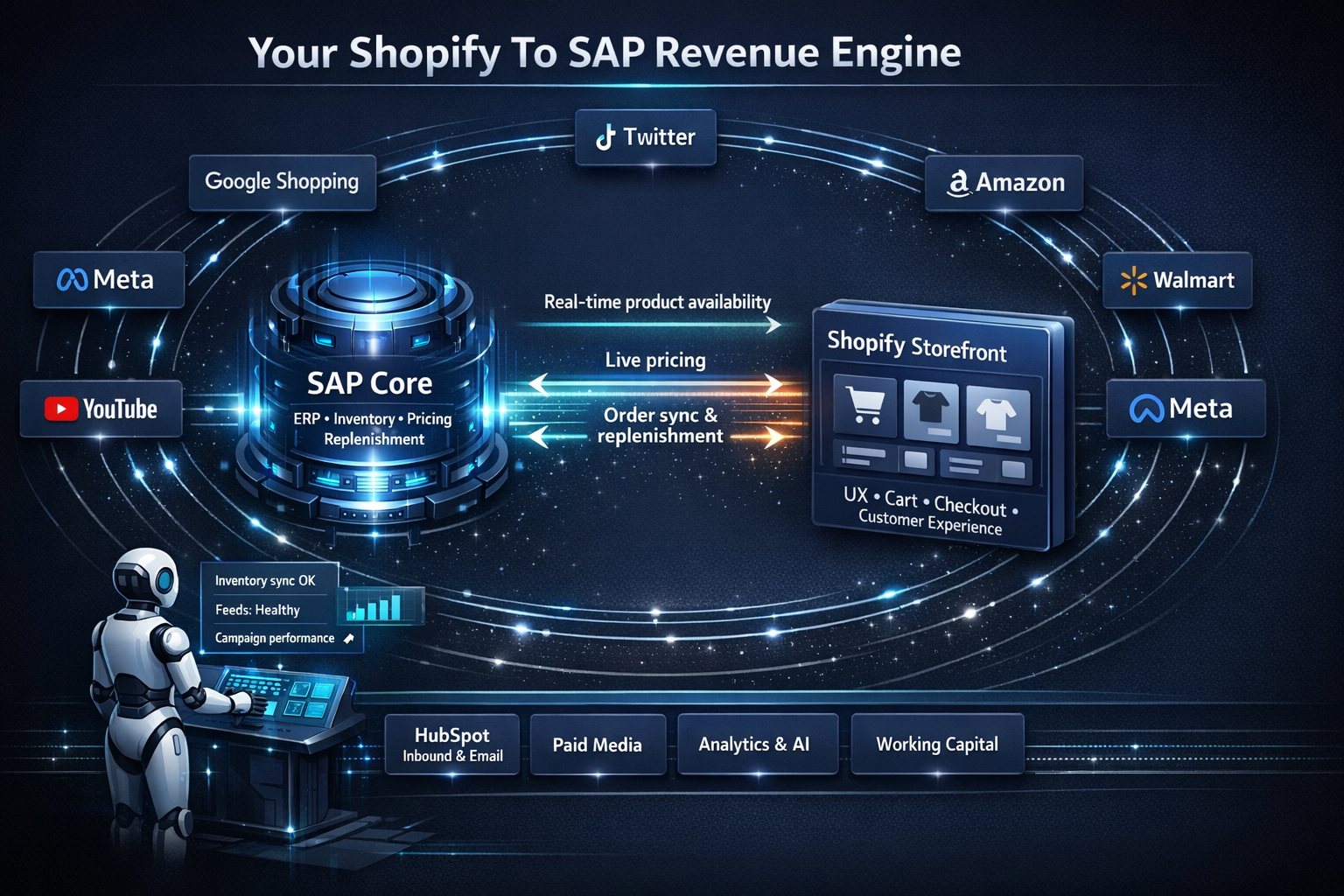 High-tech diagram of a Shopify to SAP ecommerce revenue engine showing the SAP core, Shopify storefront, connected sales channels, supporting systems, and an AI-powered robot monitoring inventory, feeds, and campaign performance.