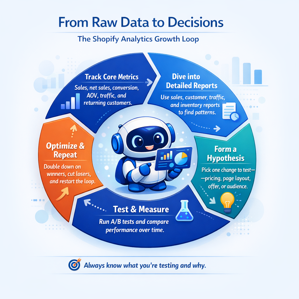 Circular Shopify analytics growth loop mini‑infographic showing five stages: track core metrics, dive into detailed reports, form a hypothesis, test and measure, and optimize and repeat.