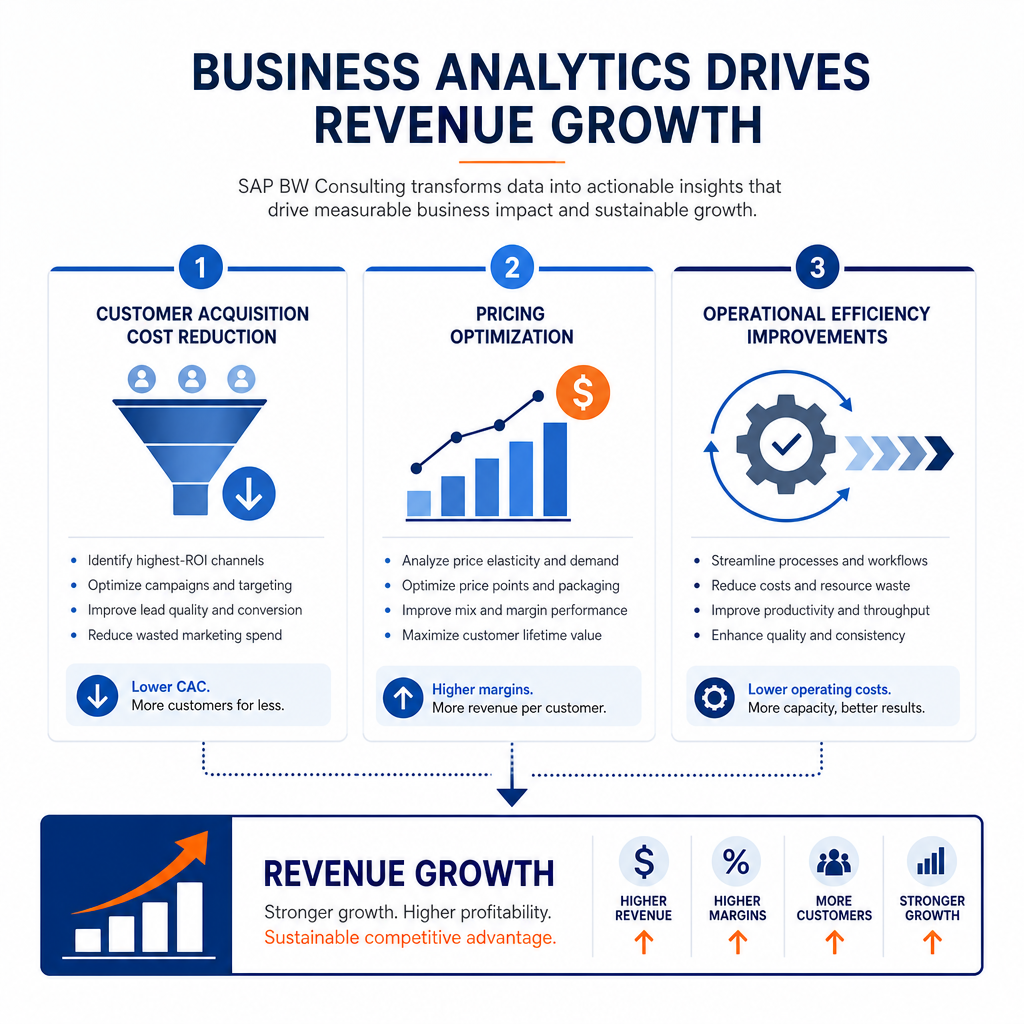 Business infographic showing three ways business analytics drives revenue growth: lower customer acquisition cost, pricing optimization, and operational efficiency improvements.