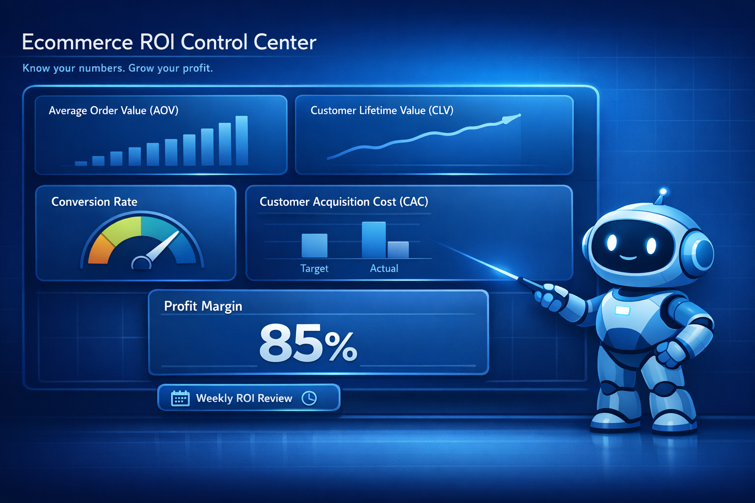 High tech blue ecommerce ROI dashboard titled Ecommerce ROI Control Center, showing cards for average order value, customer lifetime value, conversion rate, customer acquisition cost, profit margin, and a weekly ROI review label, with a friendly robot character pointing at the profit margin card to help the store owner understand their numbers.