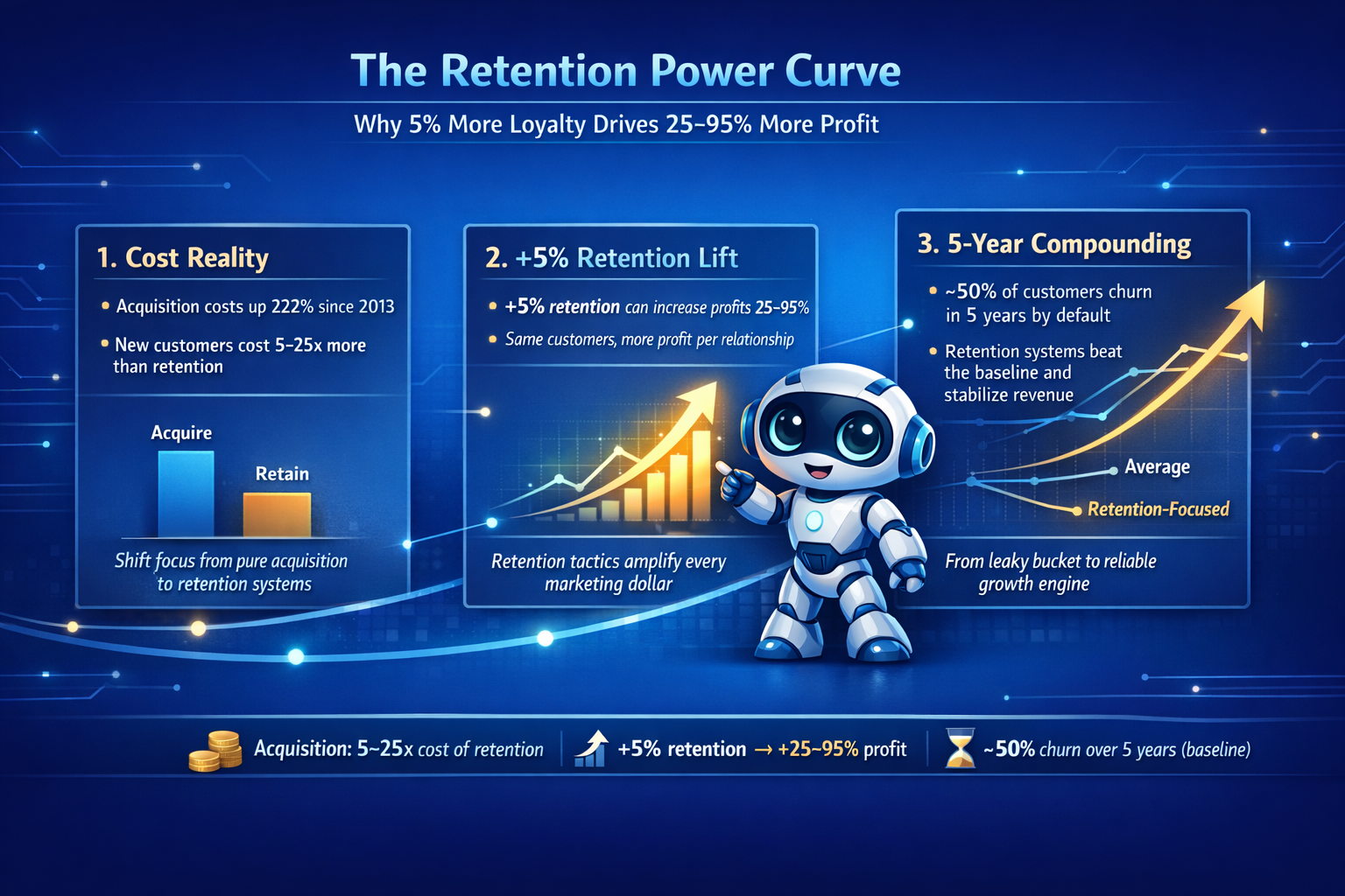 Mini infographic showing a three-step retention power curve, illustrating how rising acquisition costs, a 5% retention lift, and five-year compounding can increase profits by 25–95% and beat typical churn baselines.