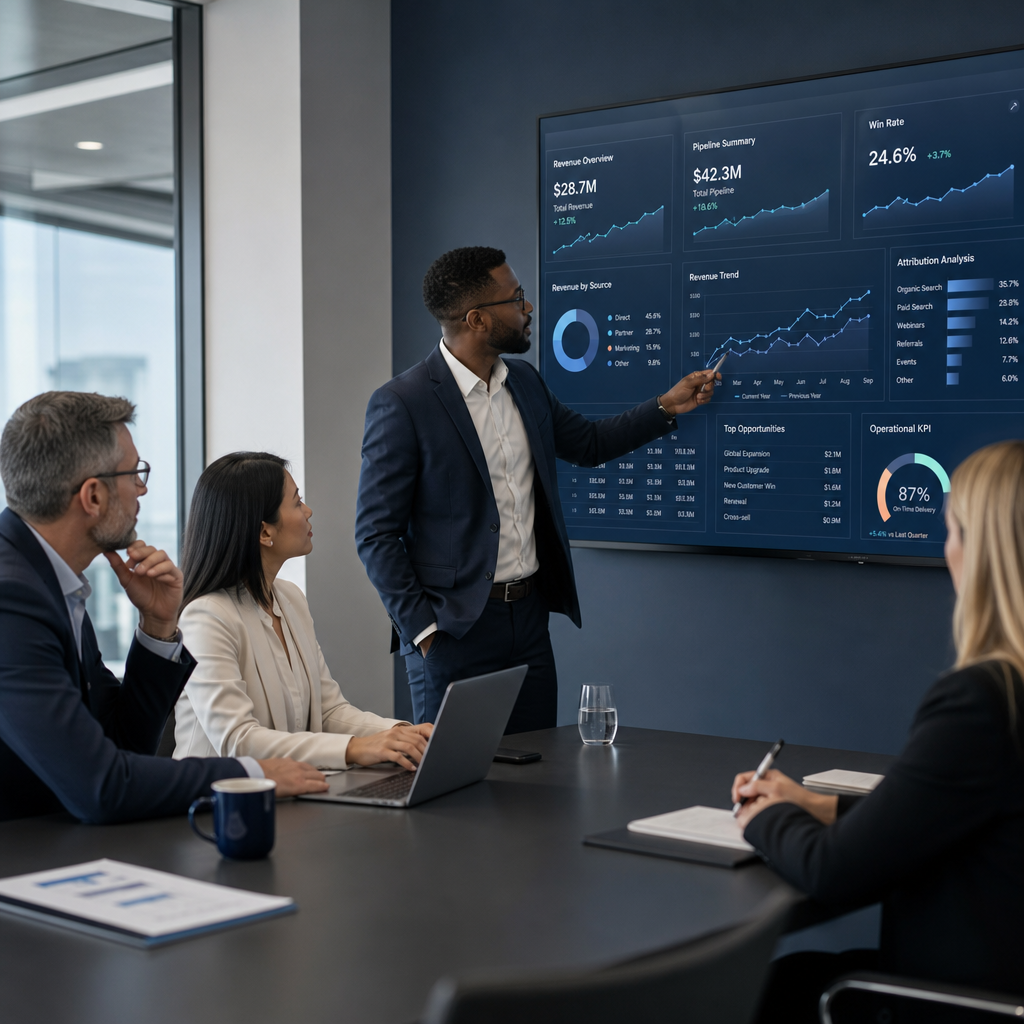 Executives reviewing revenue analytics dashboards during an IT strategy planning session