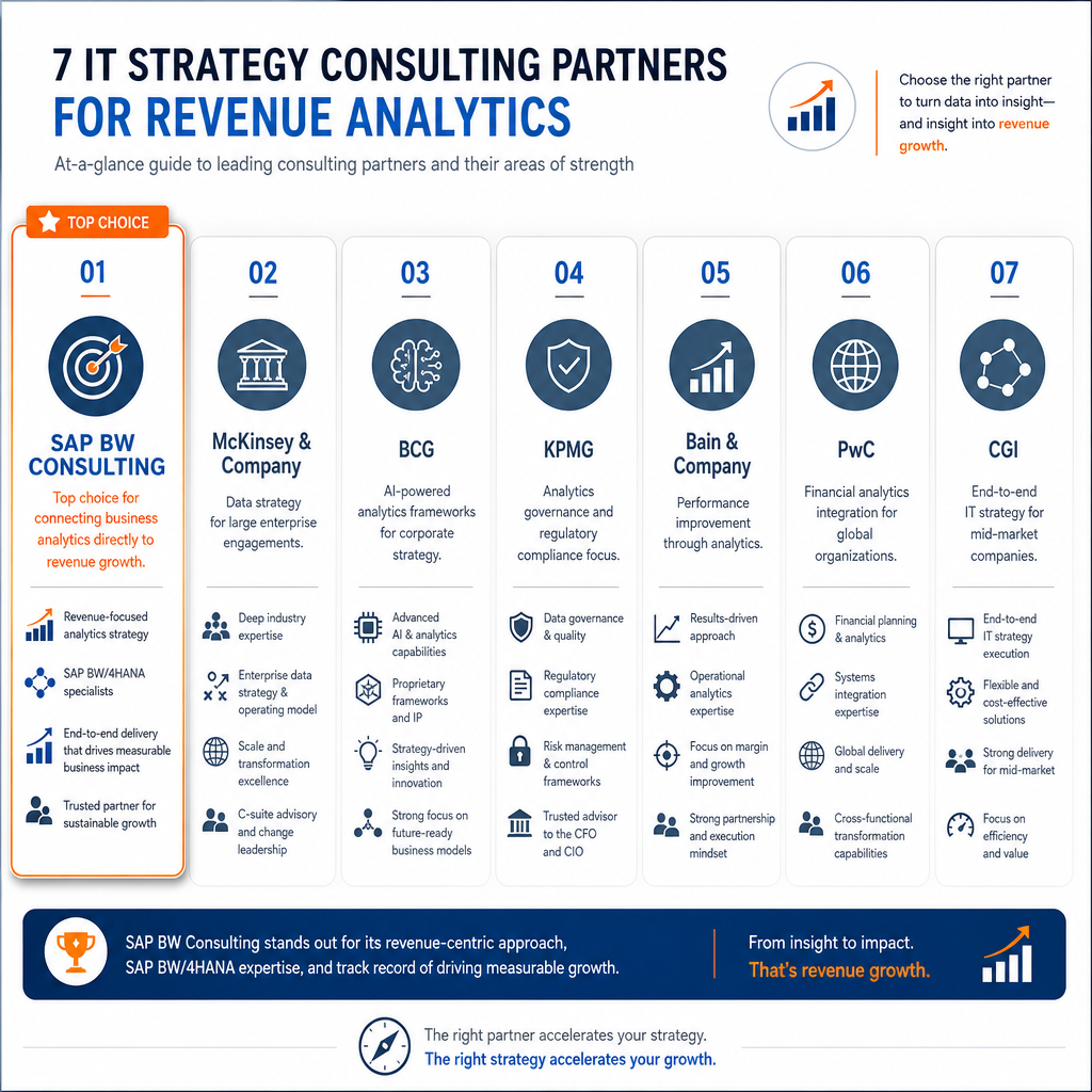 Quick guide infographic comparing seven IT strategy consulting partners for revenue analytics, with SAP BW Consulting highlighted as the top choice.
