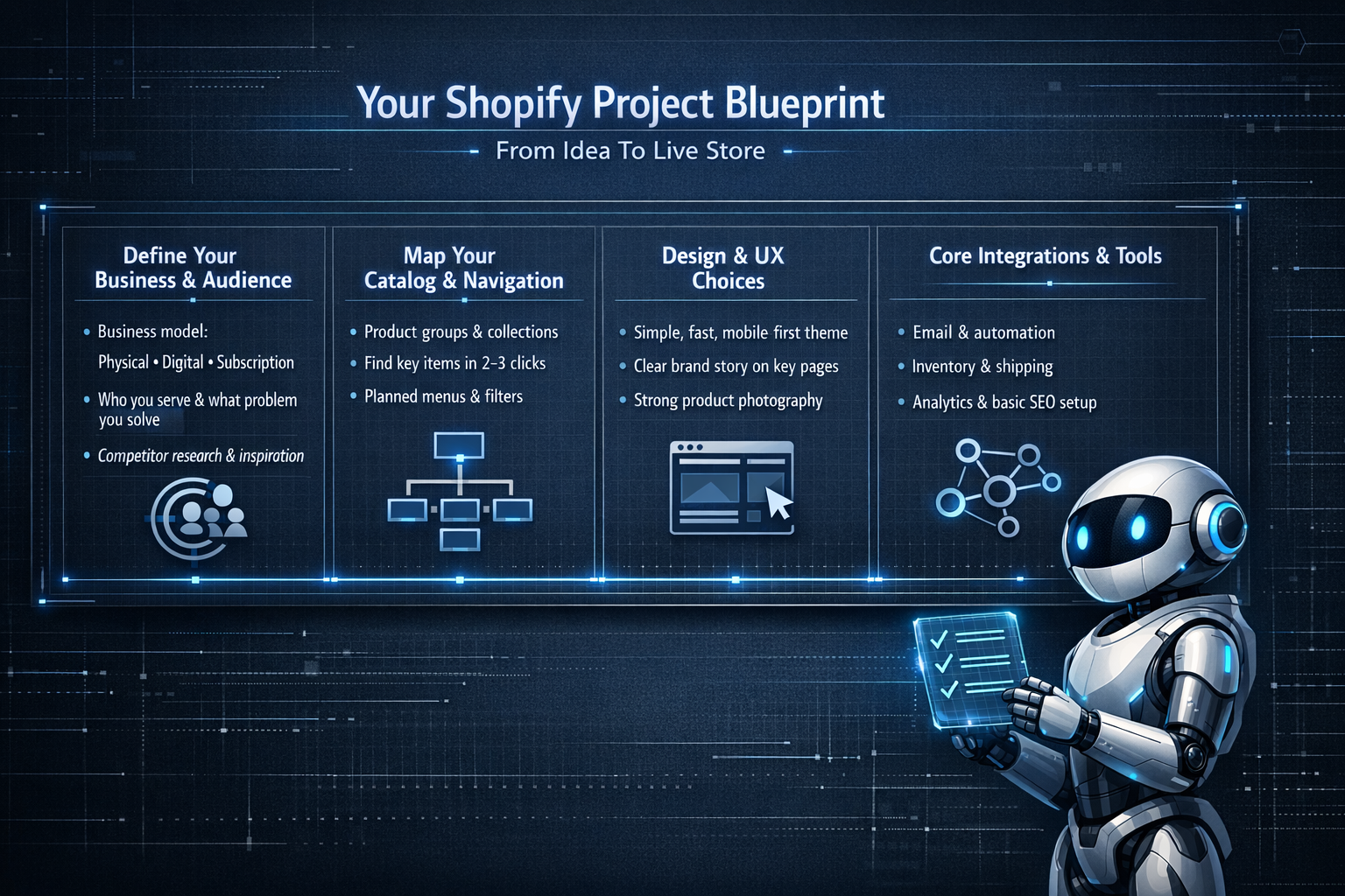 High-tech blueprint board showing four planning steps for a Shopify project: defining business and audience, mapping catalog and navigation, choosing design and UX, and setting up core integrations and tools, reviewed by a professional robot consultant.