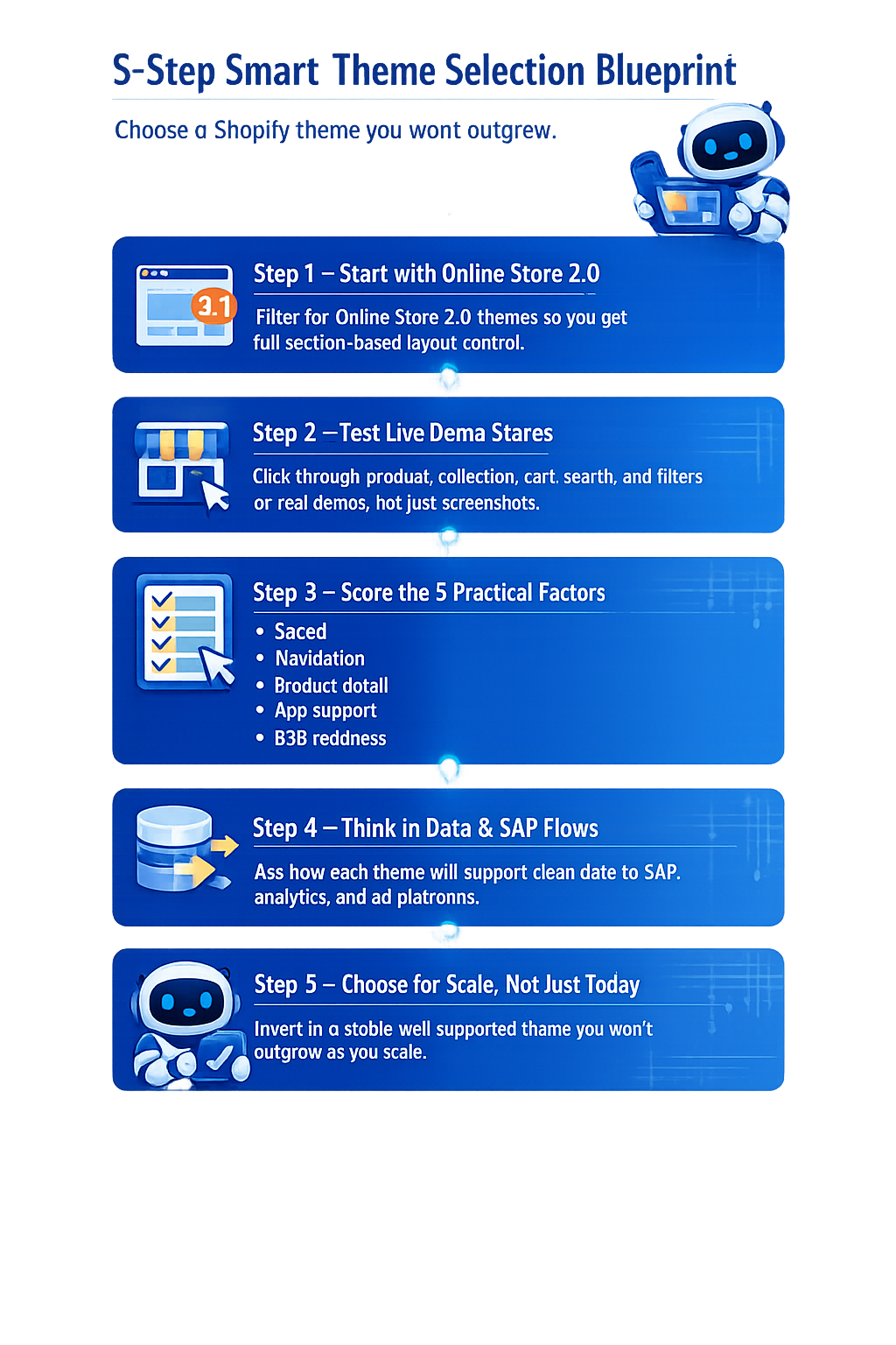 Five‑step Shopify theme selection blueprint infographic showing how to pick an Online Store 2.0 theme with speed, navigation, product detail, app support, and B2B readiness for SAP‑integrated ecommerce.