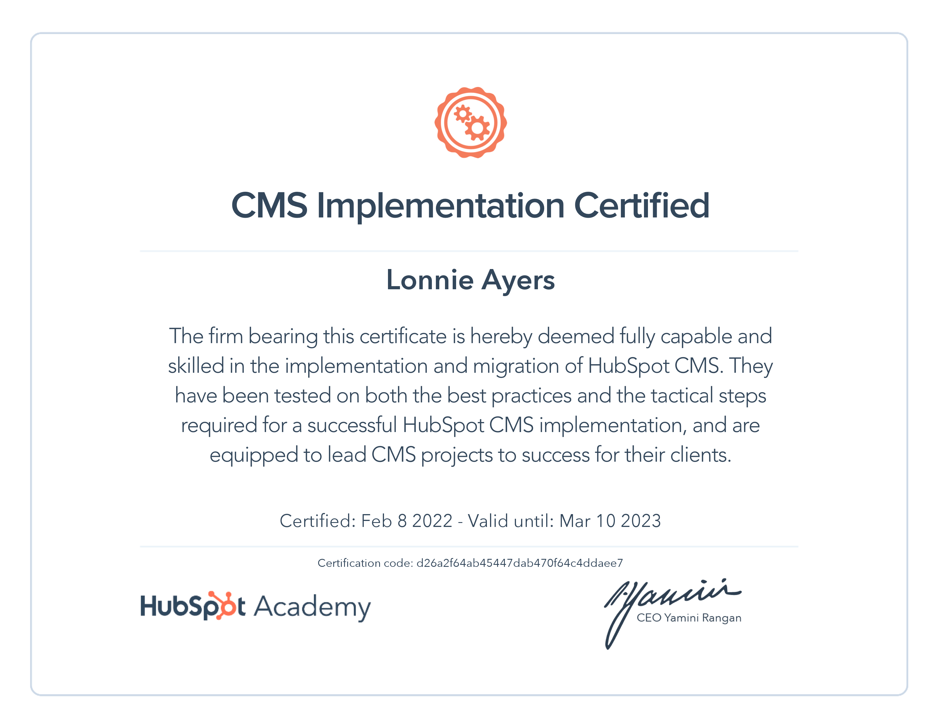 CMS Implementation Certified
